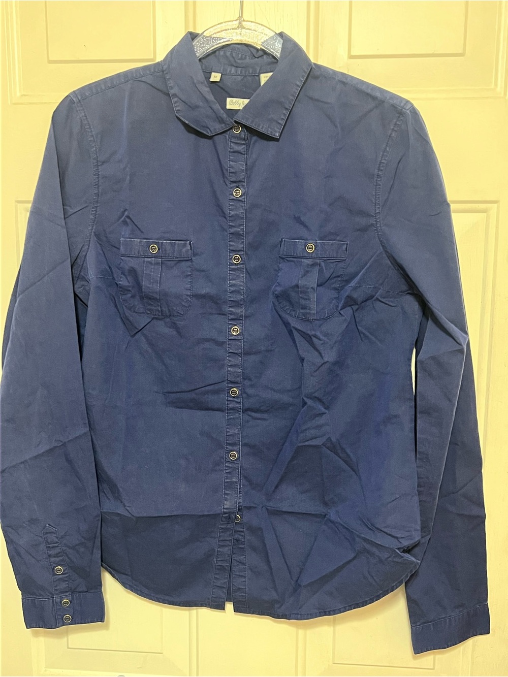 Bobby Jones Navy Button Front Shirt Medium Cotton Blend Stretch Career Blouse